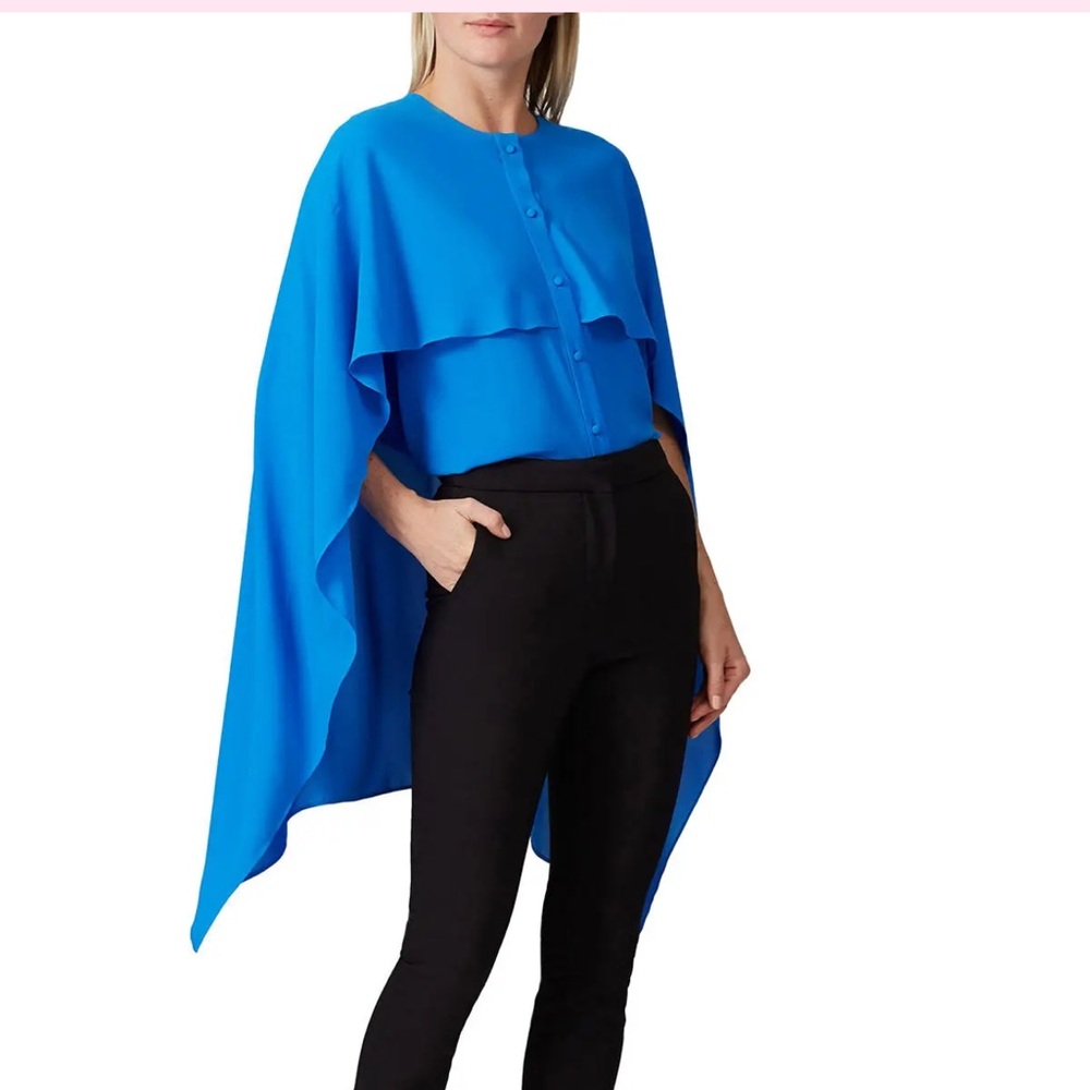 Prabal Gurung Blue Cape Button Front Crepe Short Sleeve Crew Neck Blouse Size 10